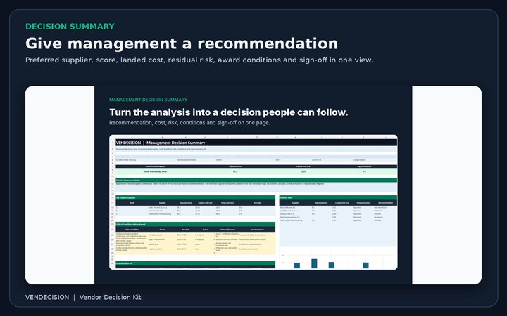 Management decision summary with supplier recommendation and conditions